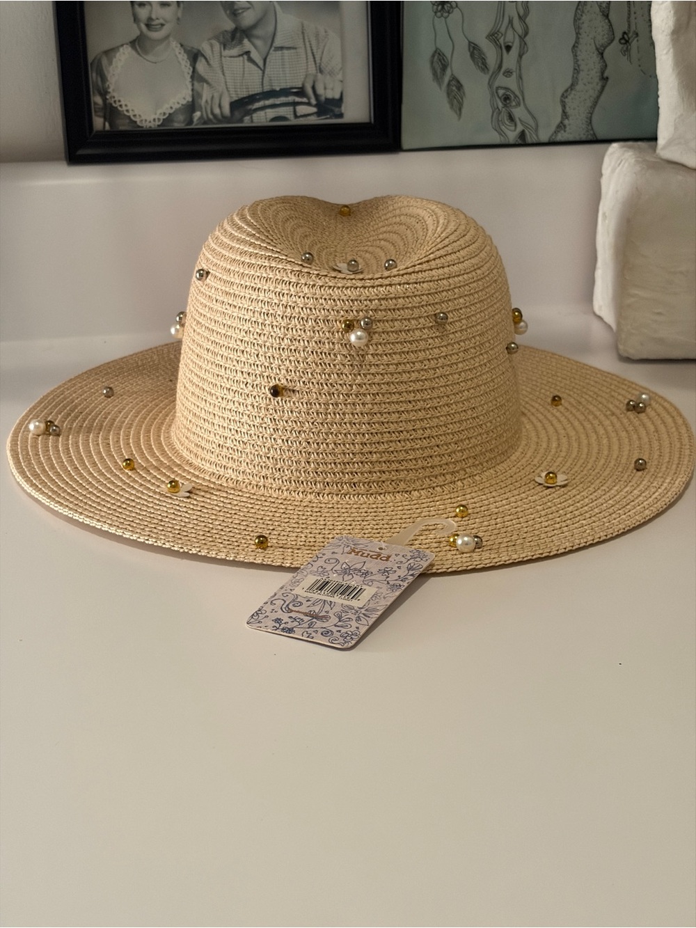 Mudd Beige Straw Sun Hat with Gold and Pearl Accents
